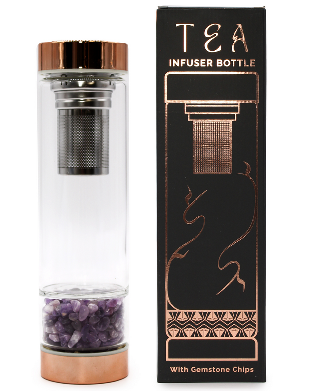 Bouteille à infusion (Infuseur) et pierres semi-précieuses : Améthyste