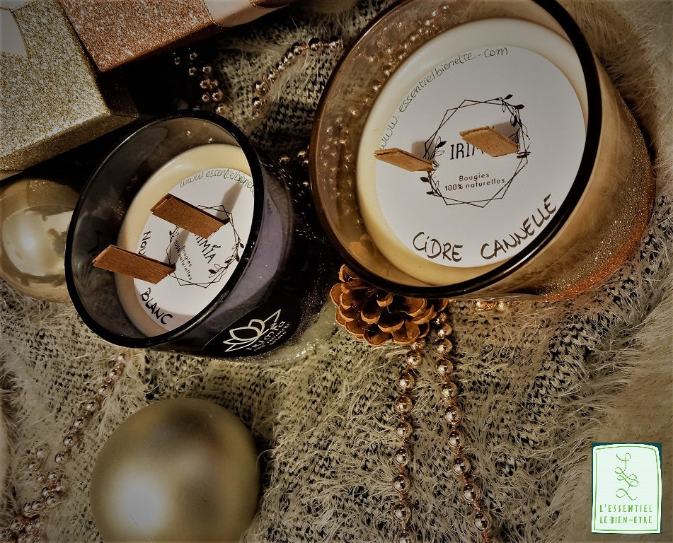 Bougie 100% naturelle à la cire de soja et Parfum de Grasse : Nougat Blanc et Cidre cannelle