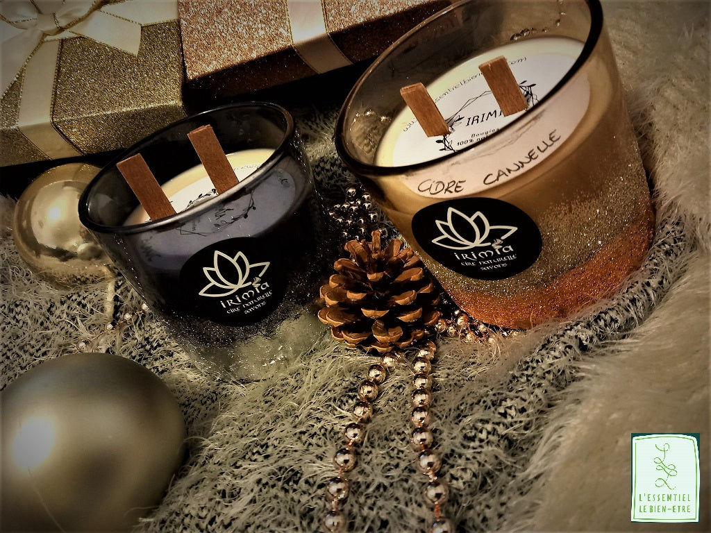 Bougie 100% naturelle à la cire de soja et Parfum de Grasse : Nougat Blanc et Cidre cannelle