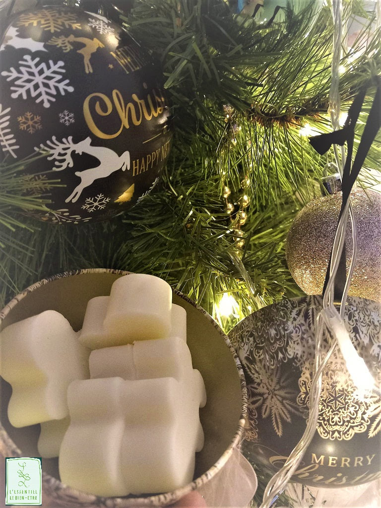 Fondants parfumés à la cire de soja 100% naturelle et parfum de Grasse : Cerise ou Ambre gris dans boule de Noël en métal